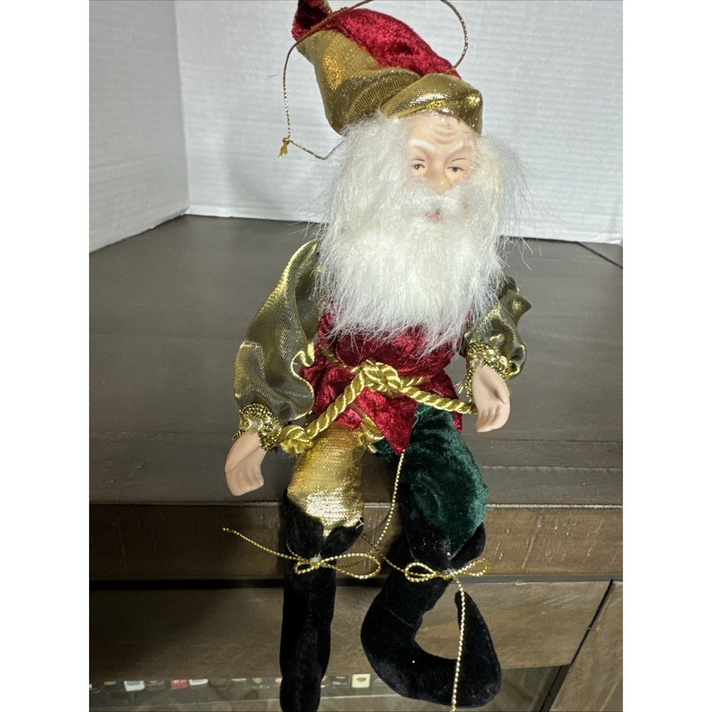 Whimsical Poseable Santa Elf with jingle bells 10" tall unbranded Ceramic Face H